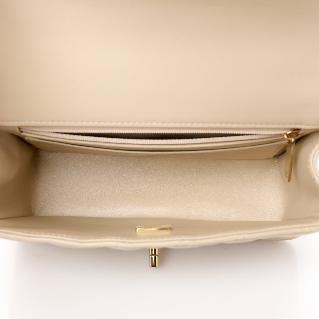 Lambskin Quilted Mini Top Handle Rectangular Flap Beige