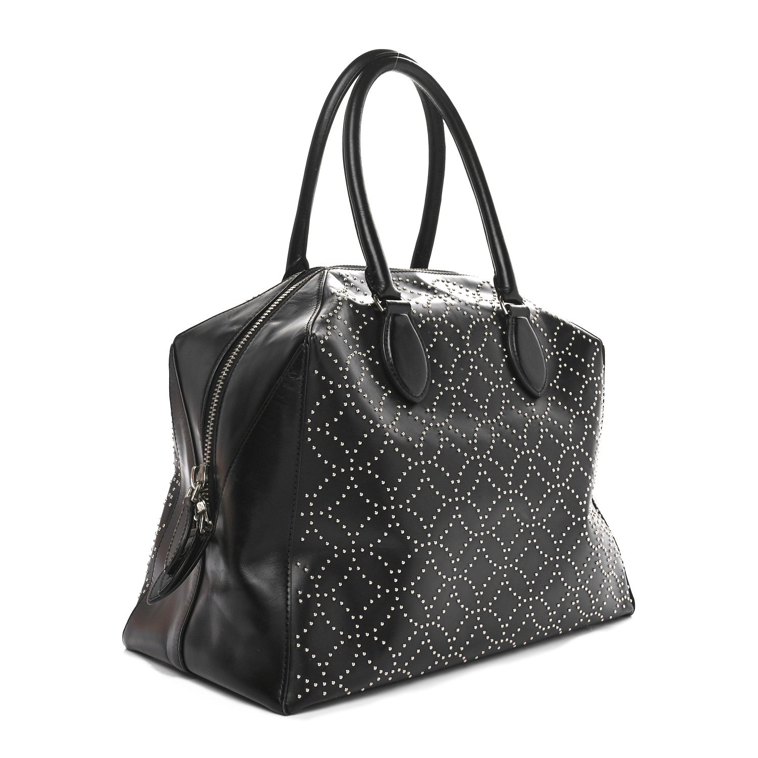 Calfskin Arabesque Studded Top Handle Bag Black