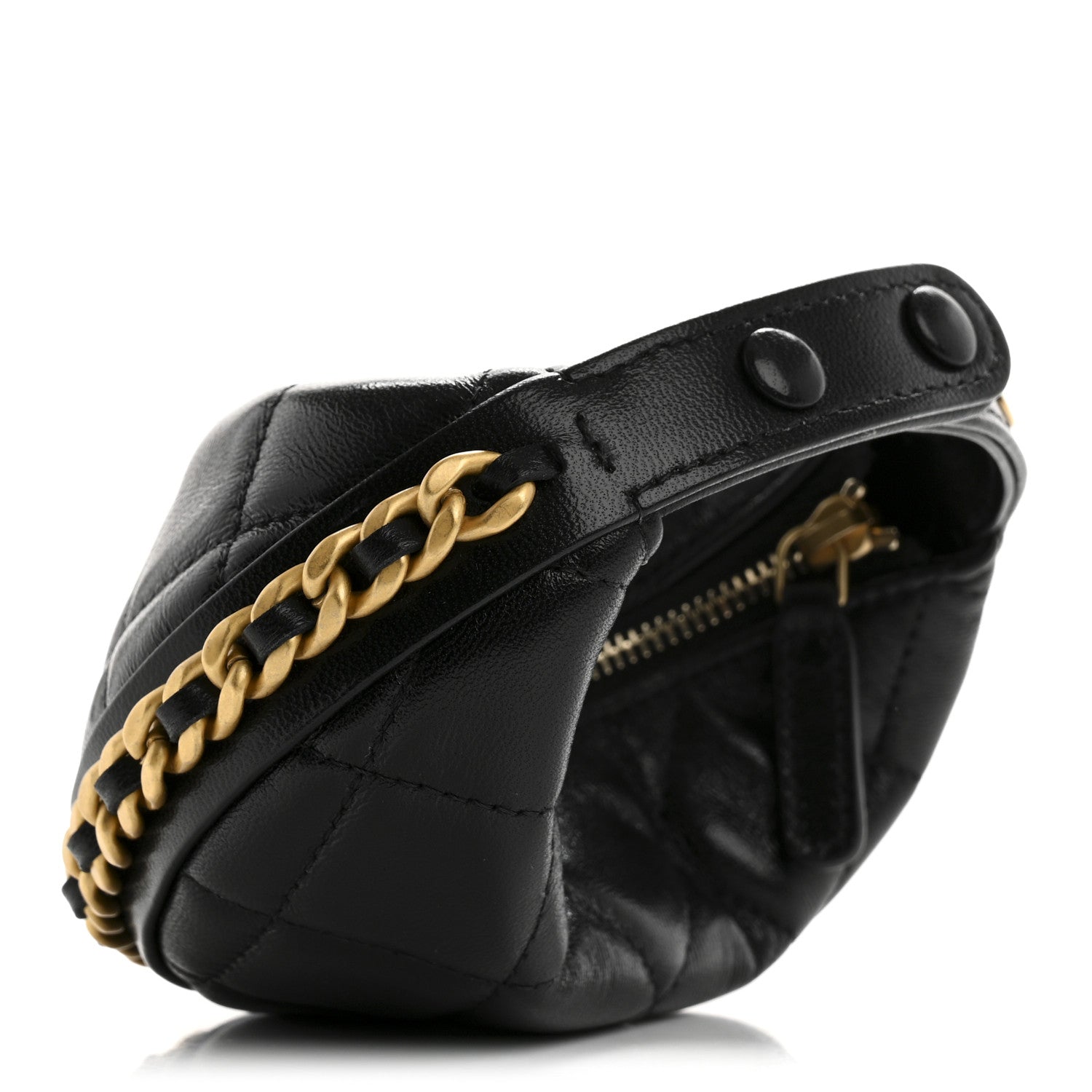 Shiny Crumpled Lambskin Quilted Chain Around Mini Pouch Black