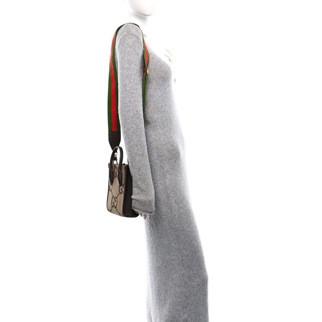 Monogram Jumbo GG Textured Dollar Calfskin Web Mini Vertical Tote Camel Ebony New Acero