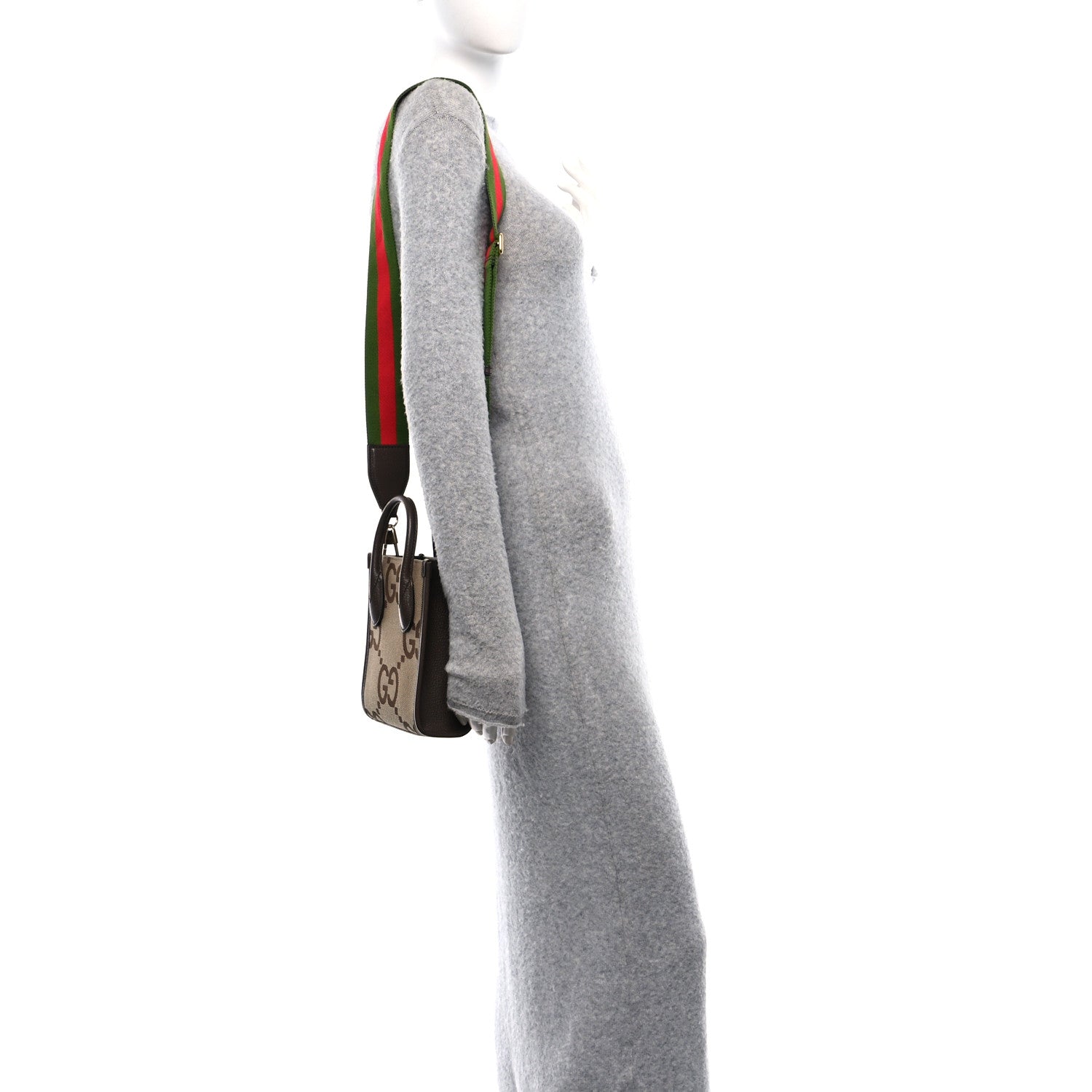Monogram Jumbo GG Textured Dollar Calfskin Web Mini Vertical Tote Camel Ebony New Acero