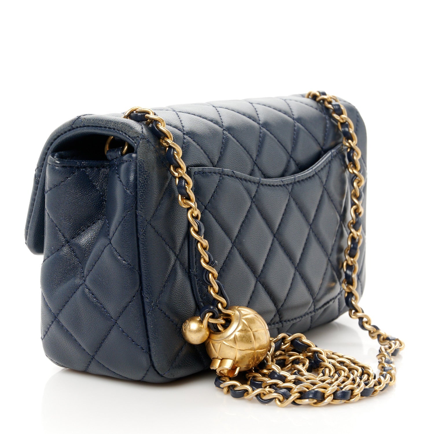 Lambskin Quilted Mini Pearl Crush Rectangular Flap Navy Blue