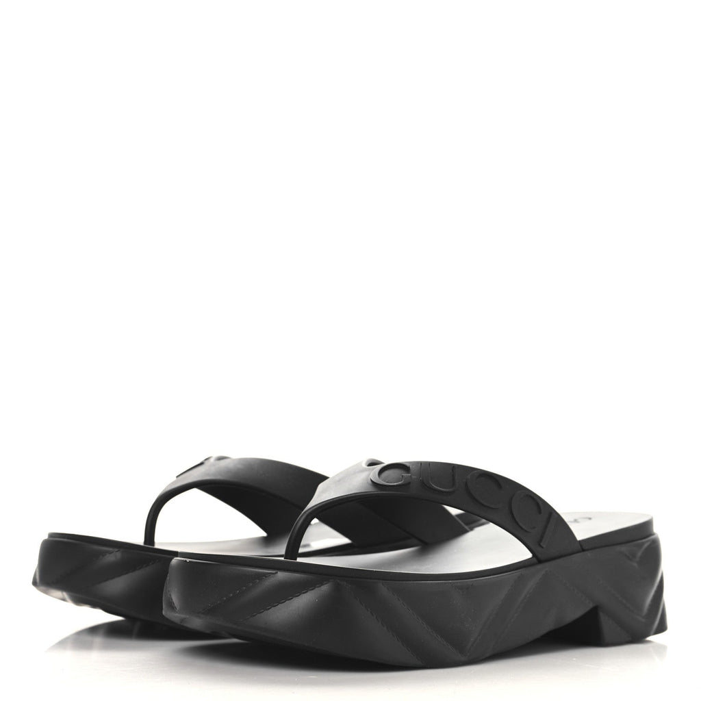 Rubber Chevron Logo Embossed Womens Thong Platform Sandals 38 Black