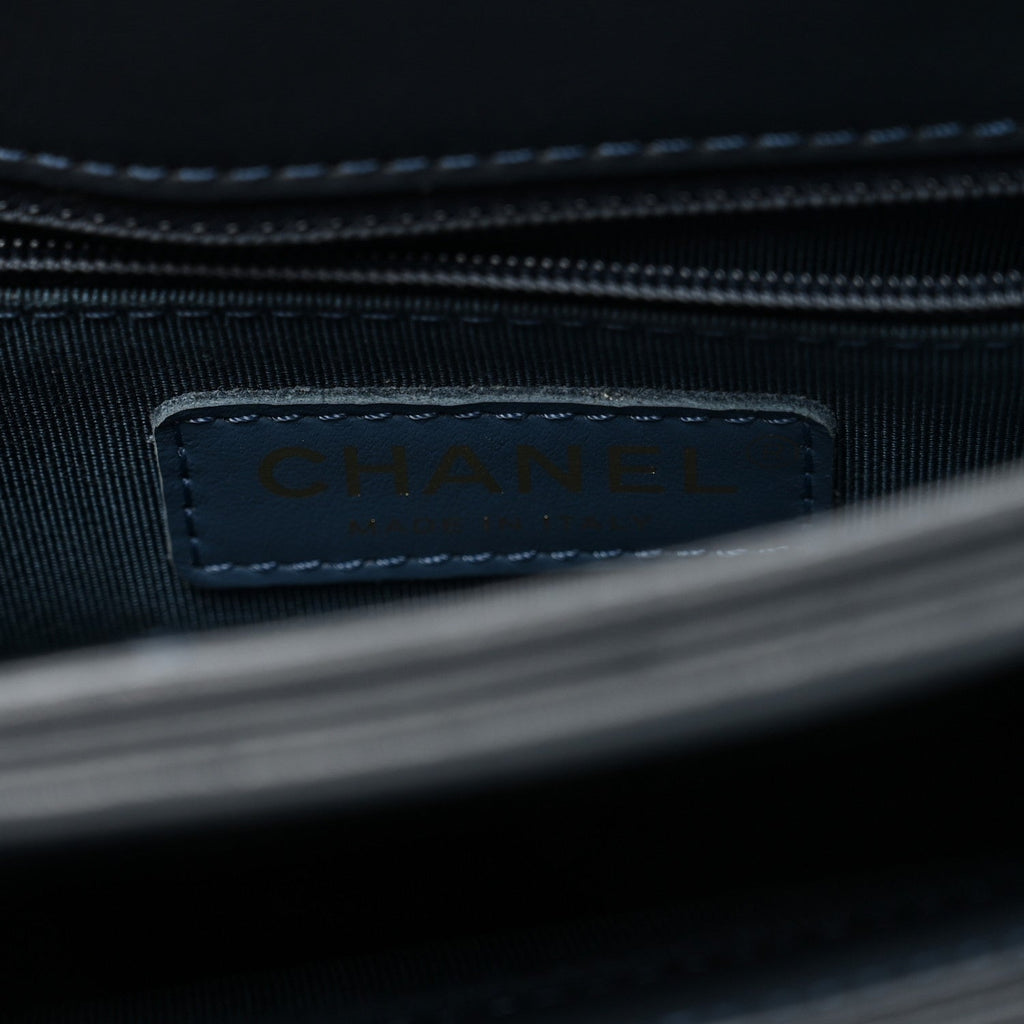 Calfskin Quilted Double Pocket Top Handle Flap Blue