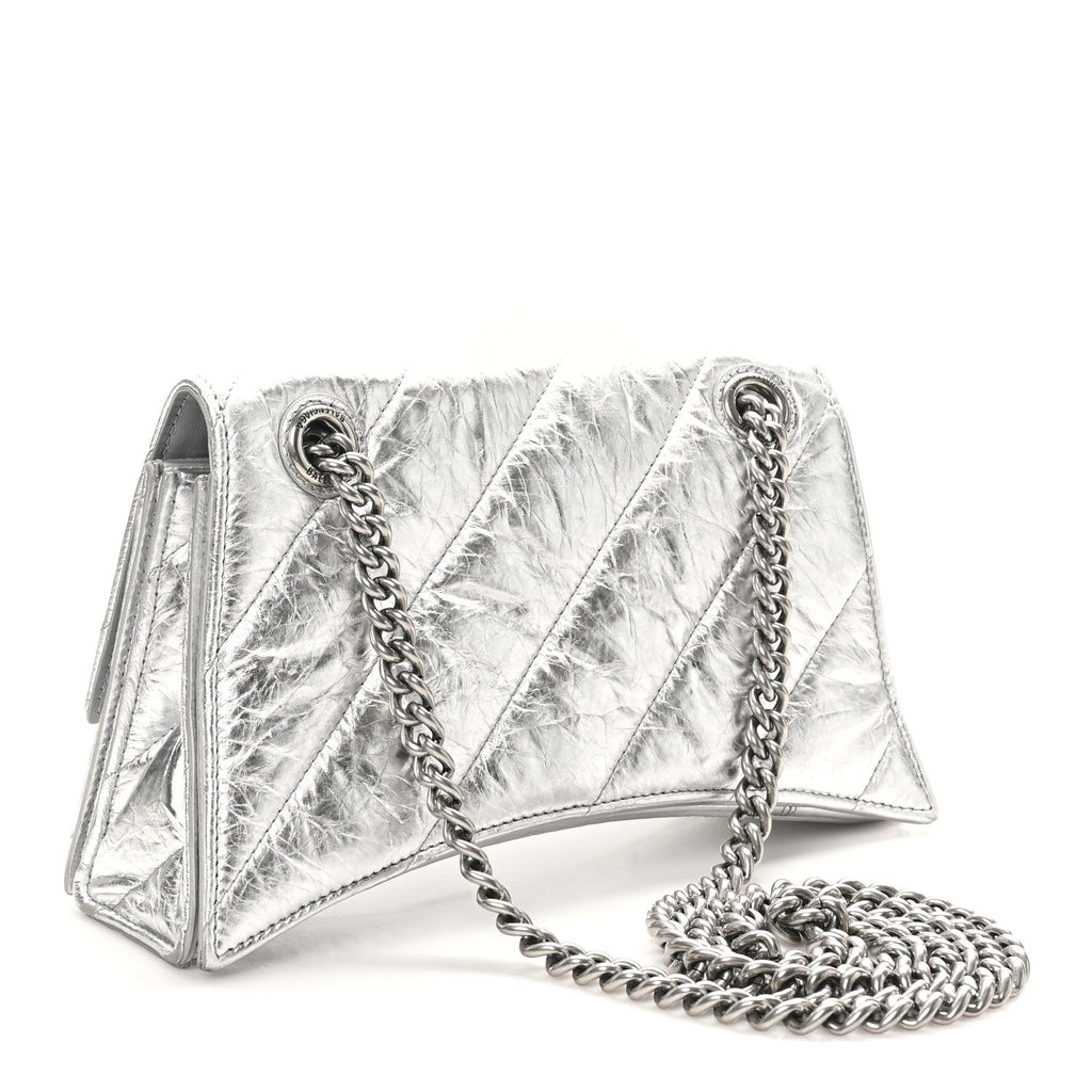 Crushed Calfskin Quilted Small Crush Chain Bag Silver