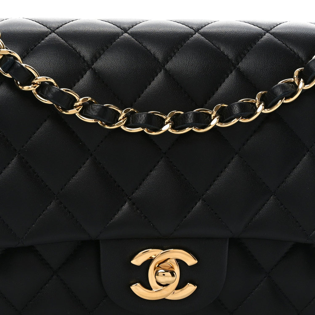 Lambskin Quilted Medium Double Flap Black