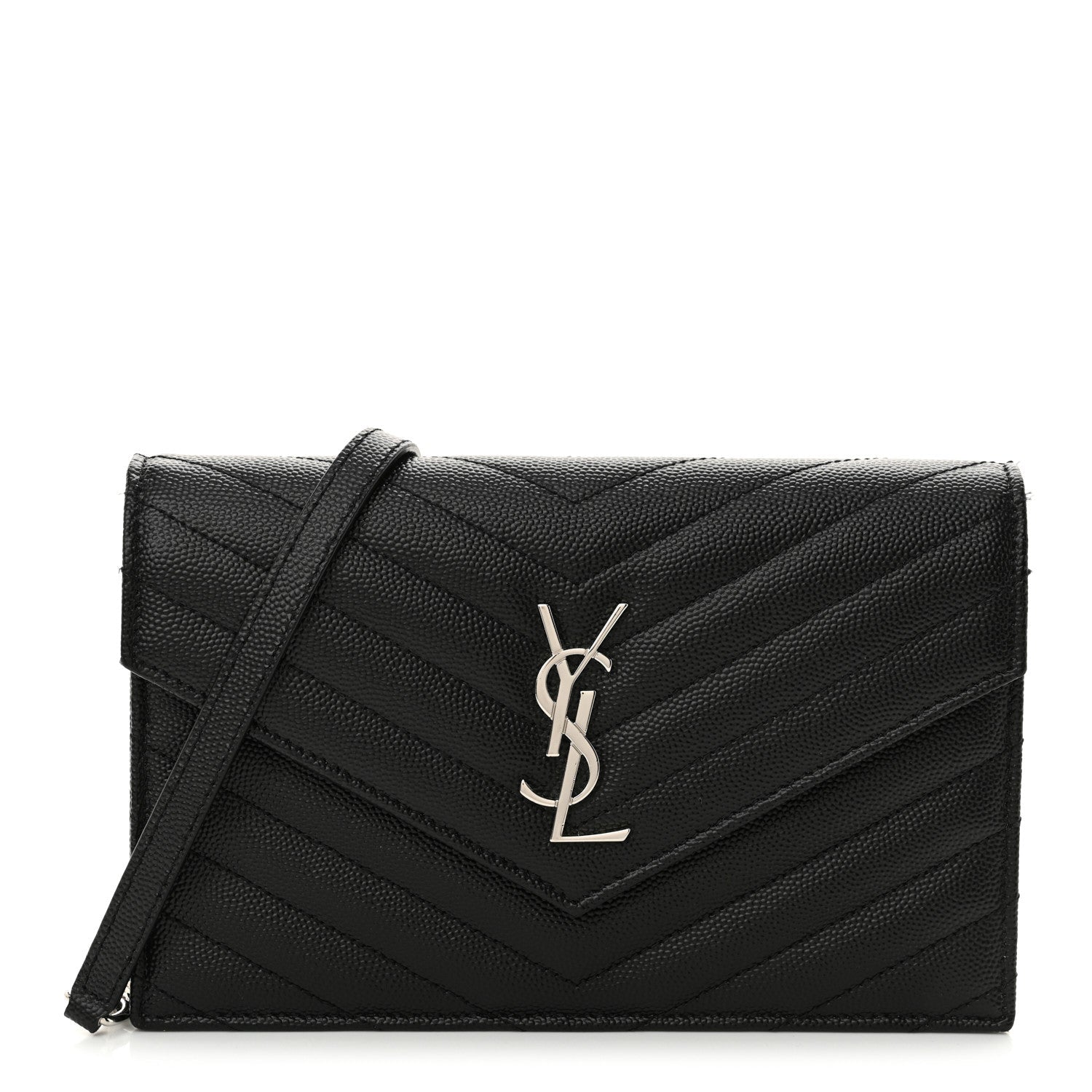 Grain De Poudre Matelasse Chevron Monogram Envelope Chain Wallet Black