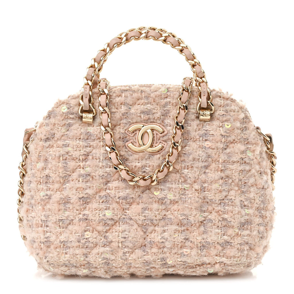 Cotton Wool Tweed Sequin Quilted Shiny Coco Clutch With Chain Light Pink Beige Ecru
