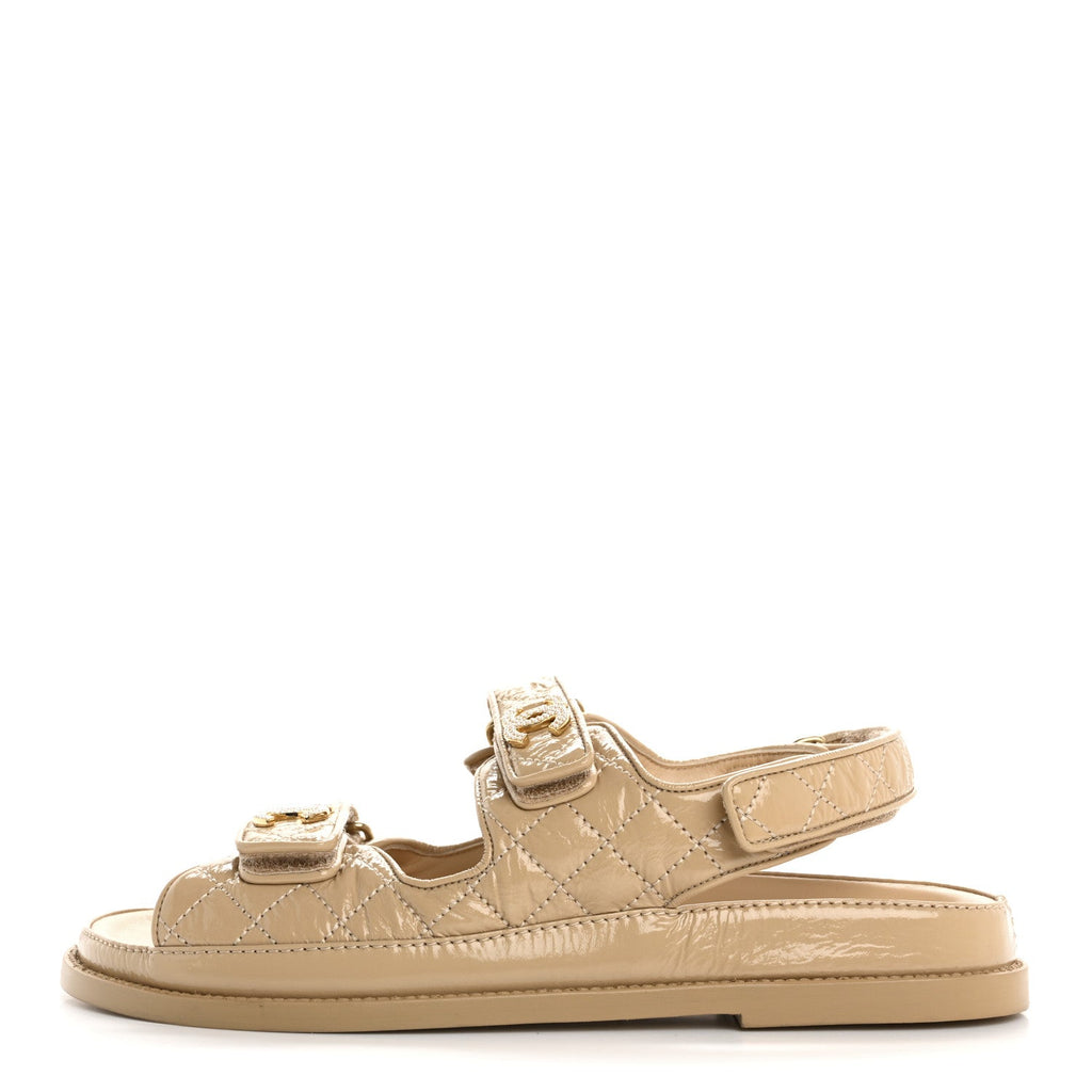 Crumpled Shiny Lambskin Velcro Dad Sandals 40 Beige