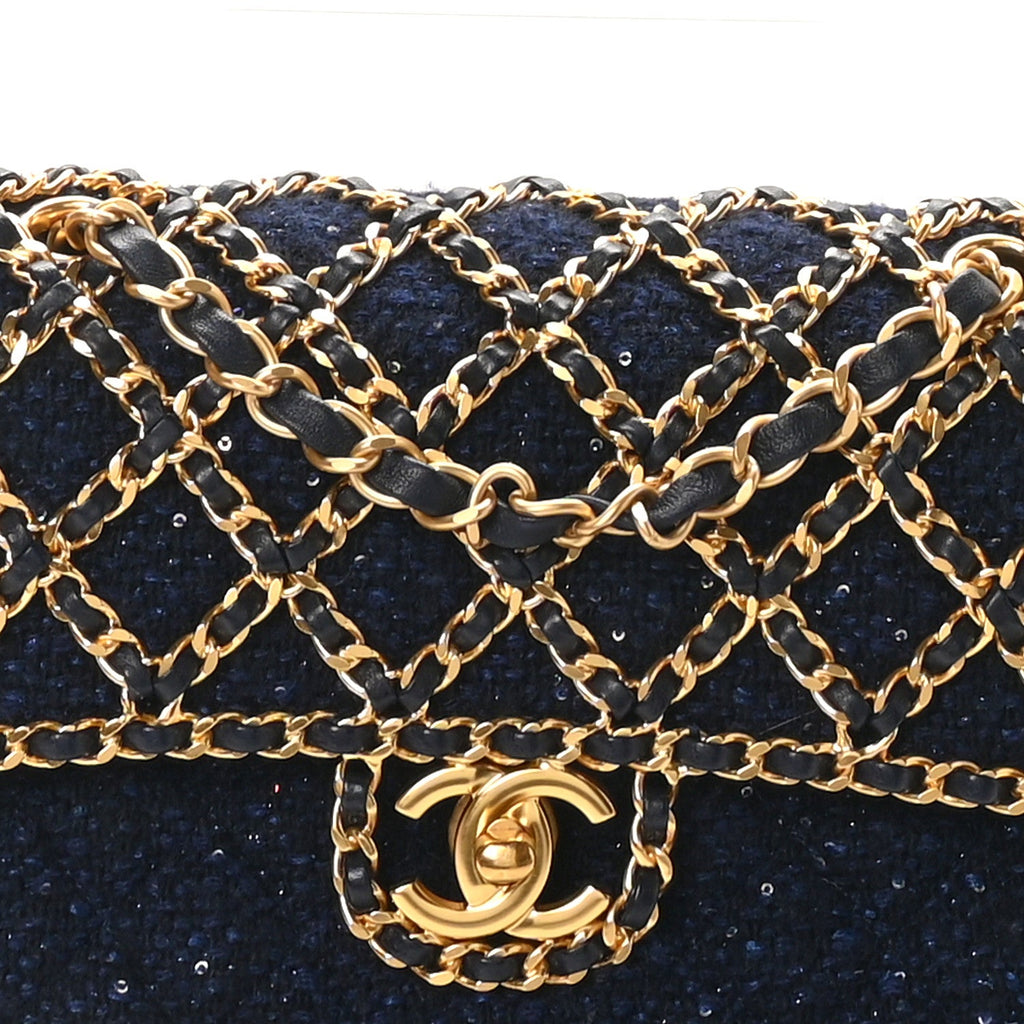 Tweed Sequin Timeless Classic Chained Double Flap Navy Blue