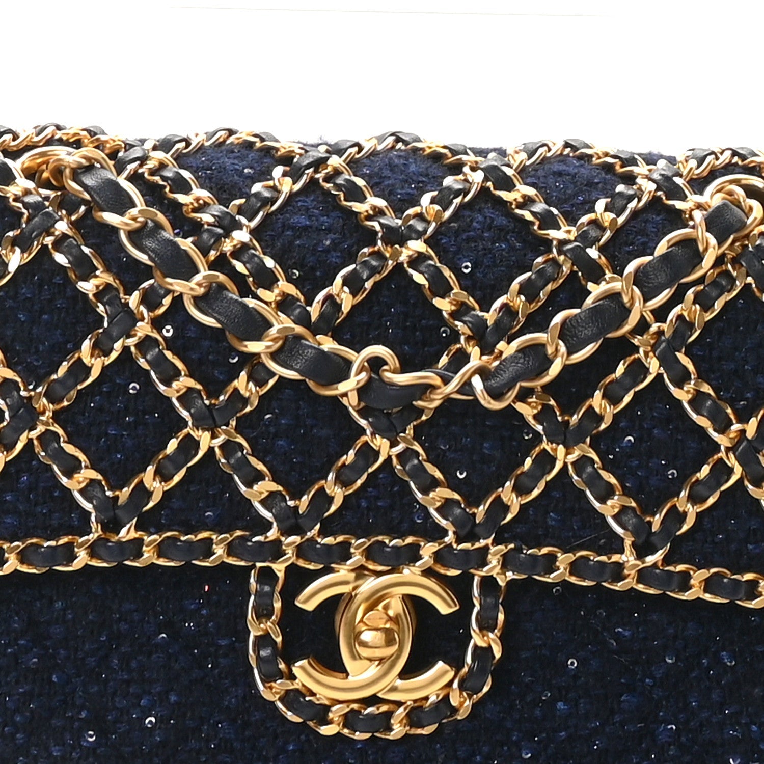 Tweed Sequin Timeless Classic Chained Double Flap Navy Blue