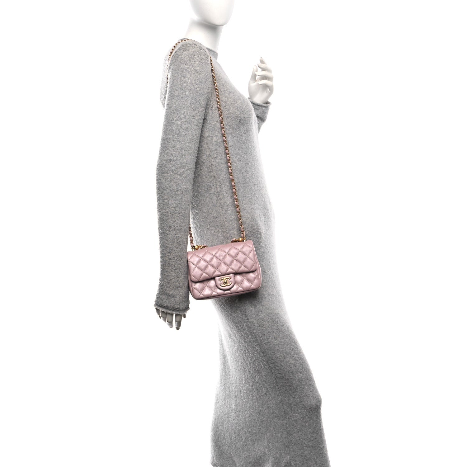Shiny Lambskin Quilted Pearl Twist Mini Square Flap Light Pink
