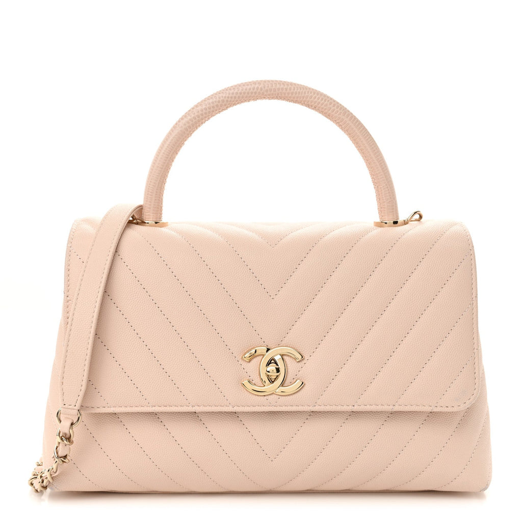 Lizard Embossed Caviar Chevron Quilted Small Coco Handle Flap Beige