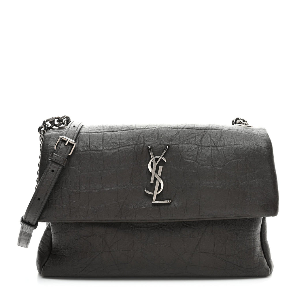 Calfskin Crocodile Embossed Medium West Hollywood Monogram Fold-Over Grey