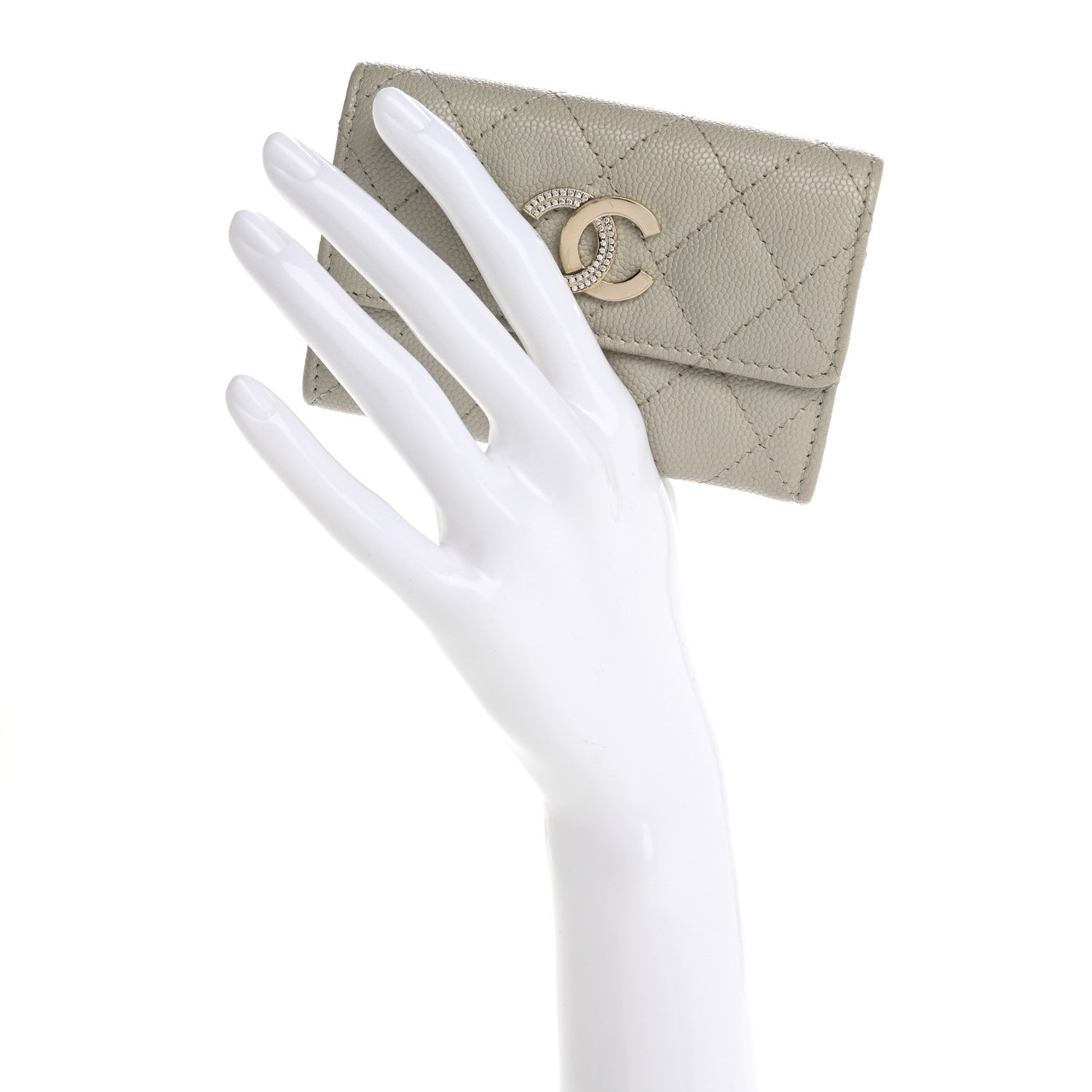 Caviar Quilted Crystal CC Flap  Holder Grey