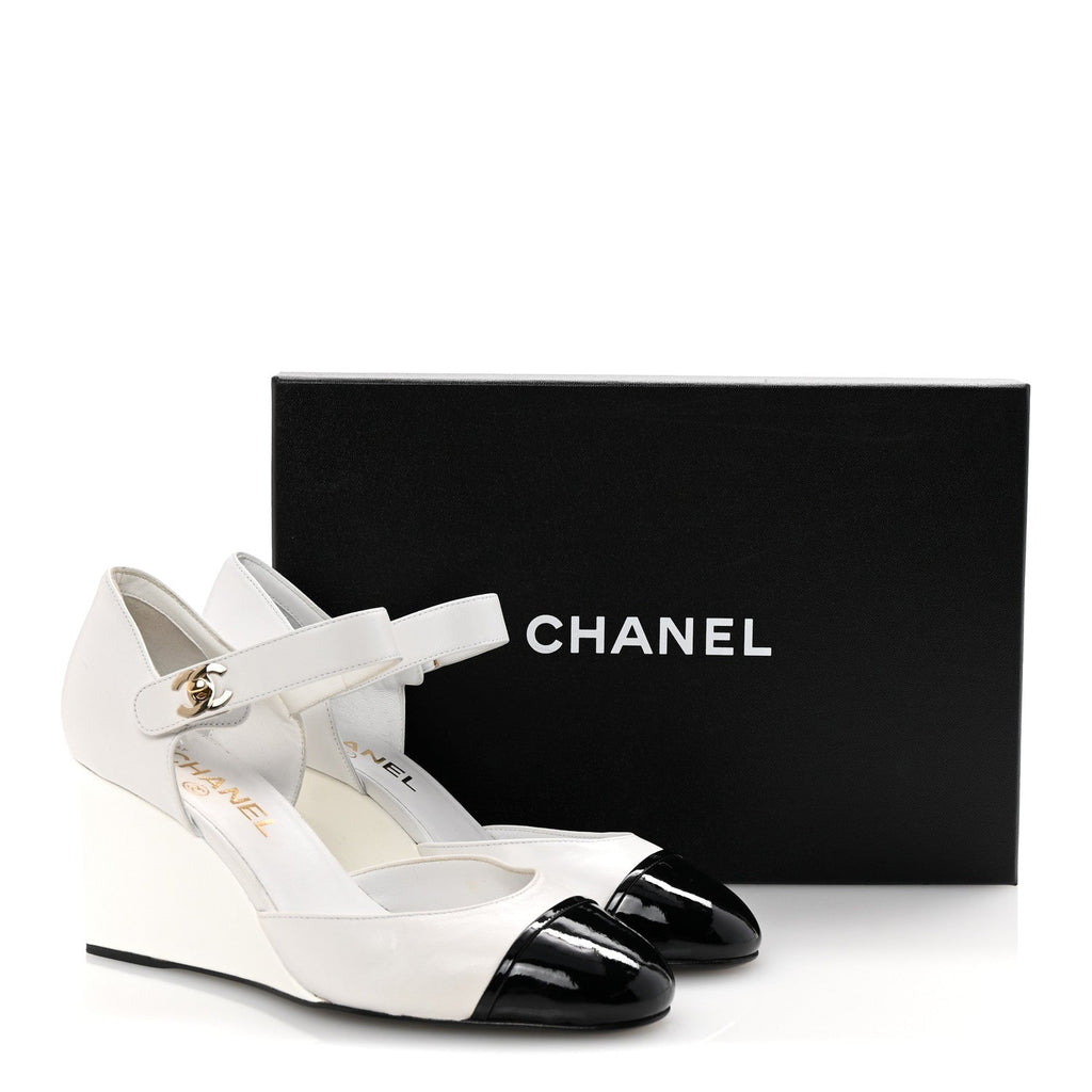 Lambskin Patent Cap Toe Mary Jane Wedge Pumps 38 White Black
