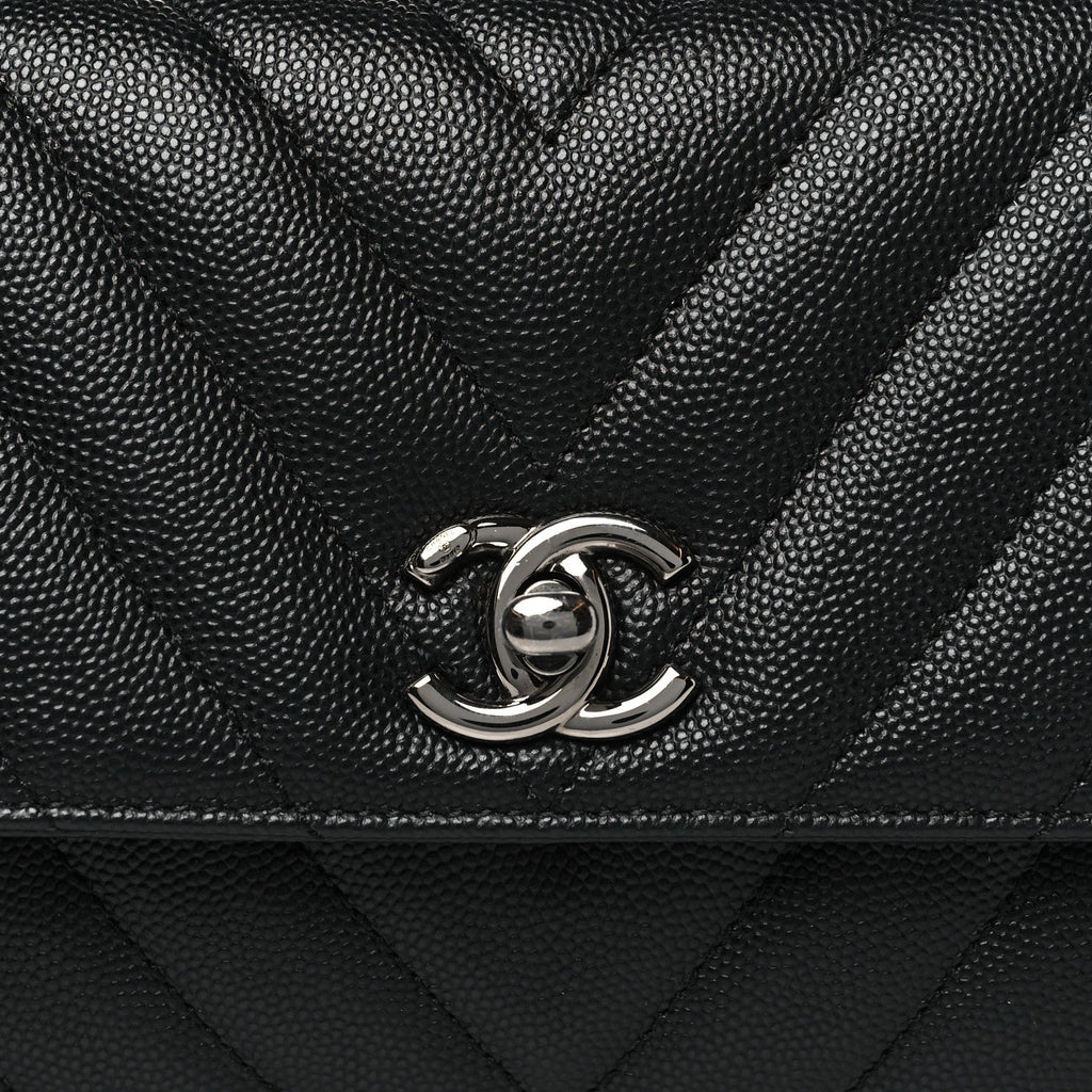 Caviar Chevron Quilted Mini Coco Handle Flap Black