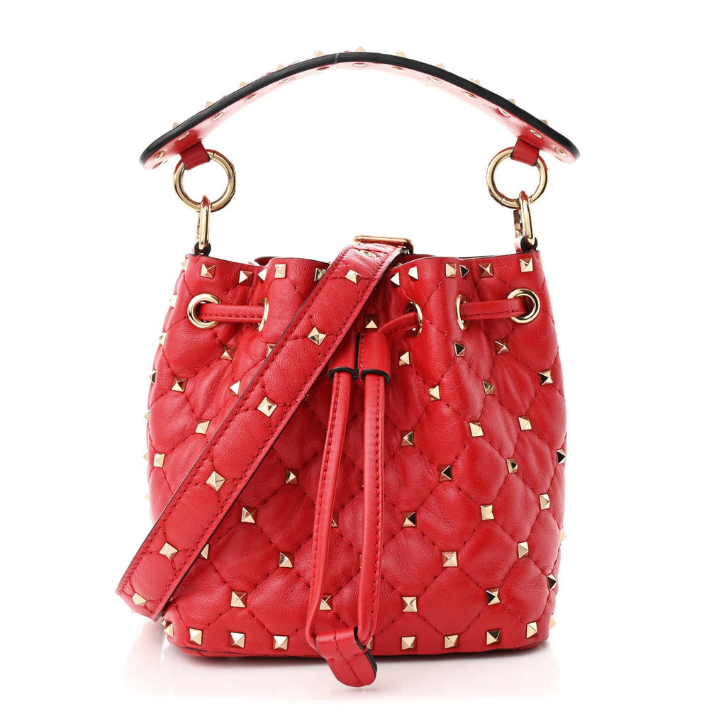 Nappa Mini Rockstud Spike Bucket Bag Rouge Pur
