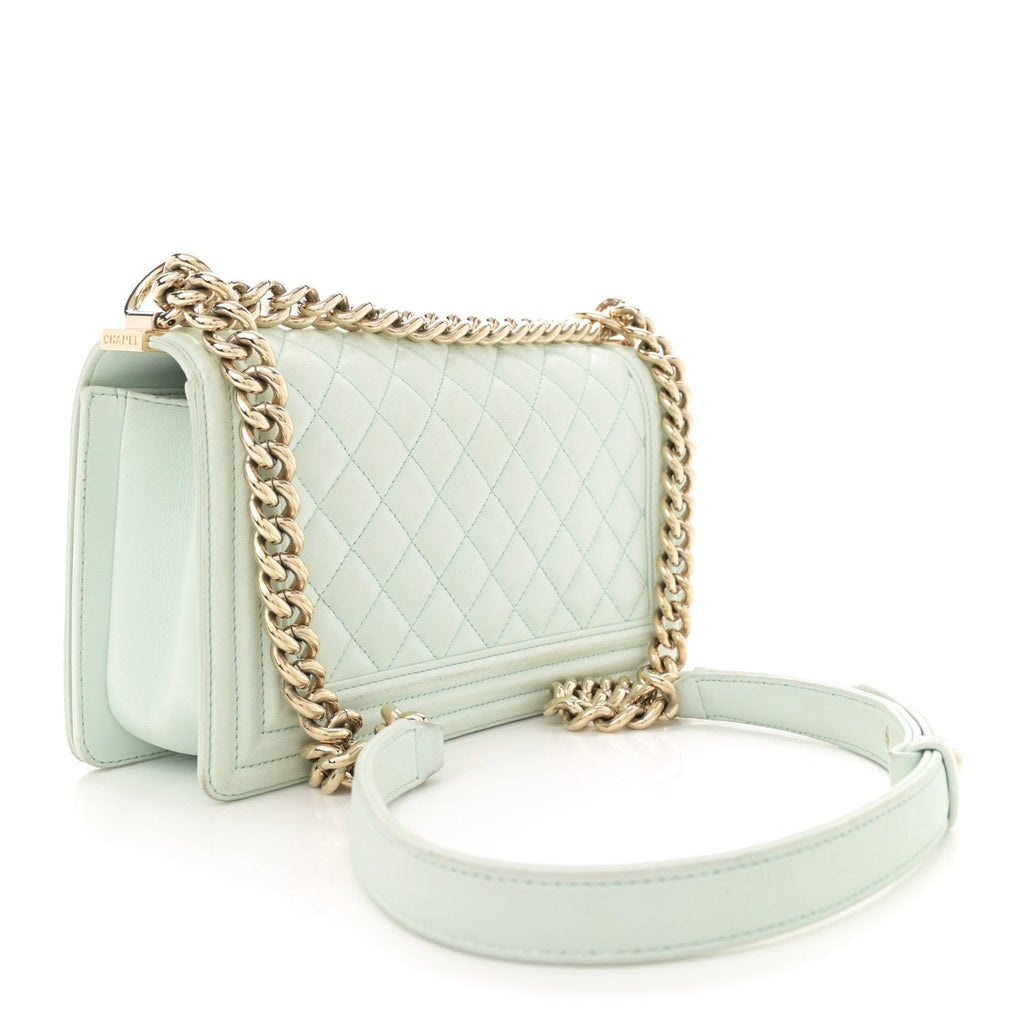 Lambskin Quilted Medium Boy Flap Light Green