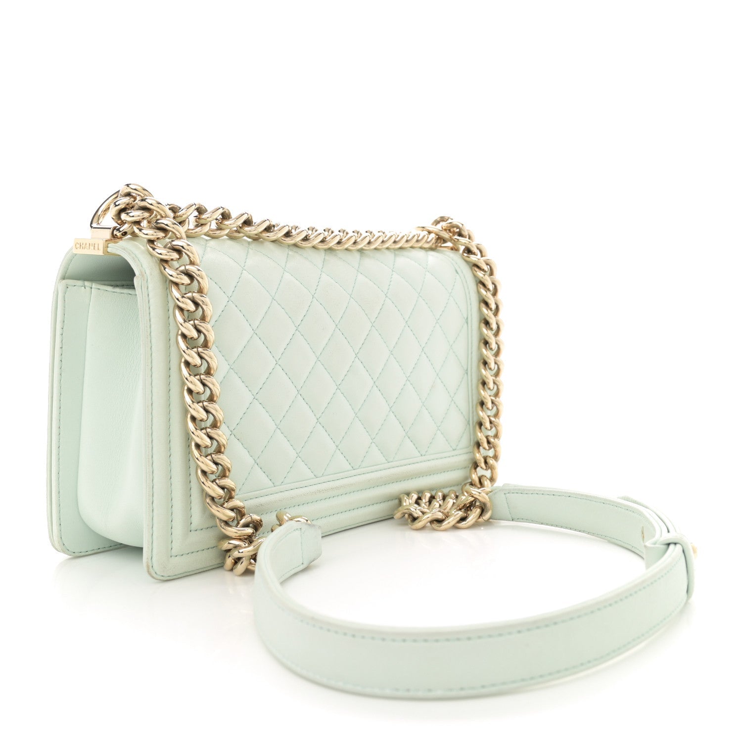 Lambskin Quilted Medium Boy Flap Light Green