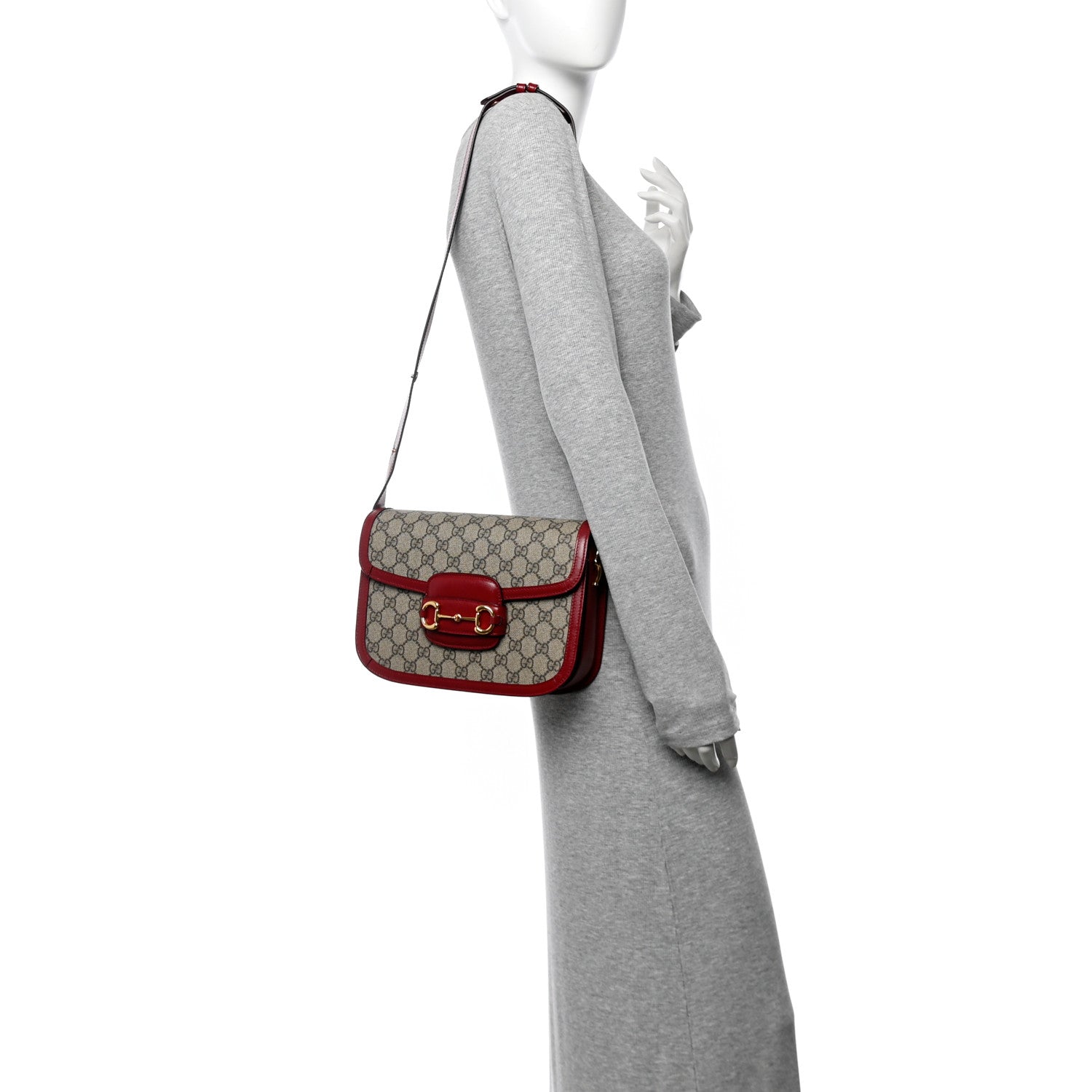 GG Supreme Monogram Azalea Calfskin Horsebit 1955 Shoulder Bag Beige Ebony New Cherry Red