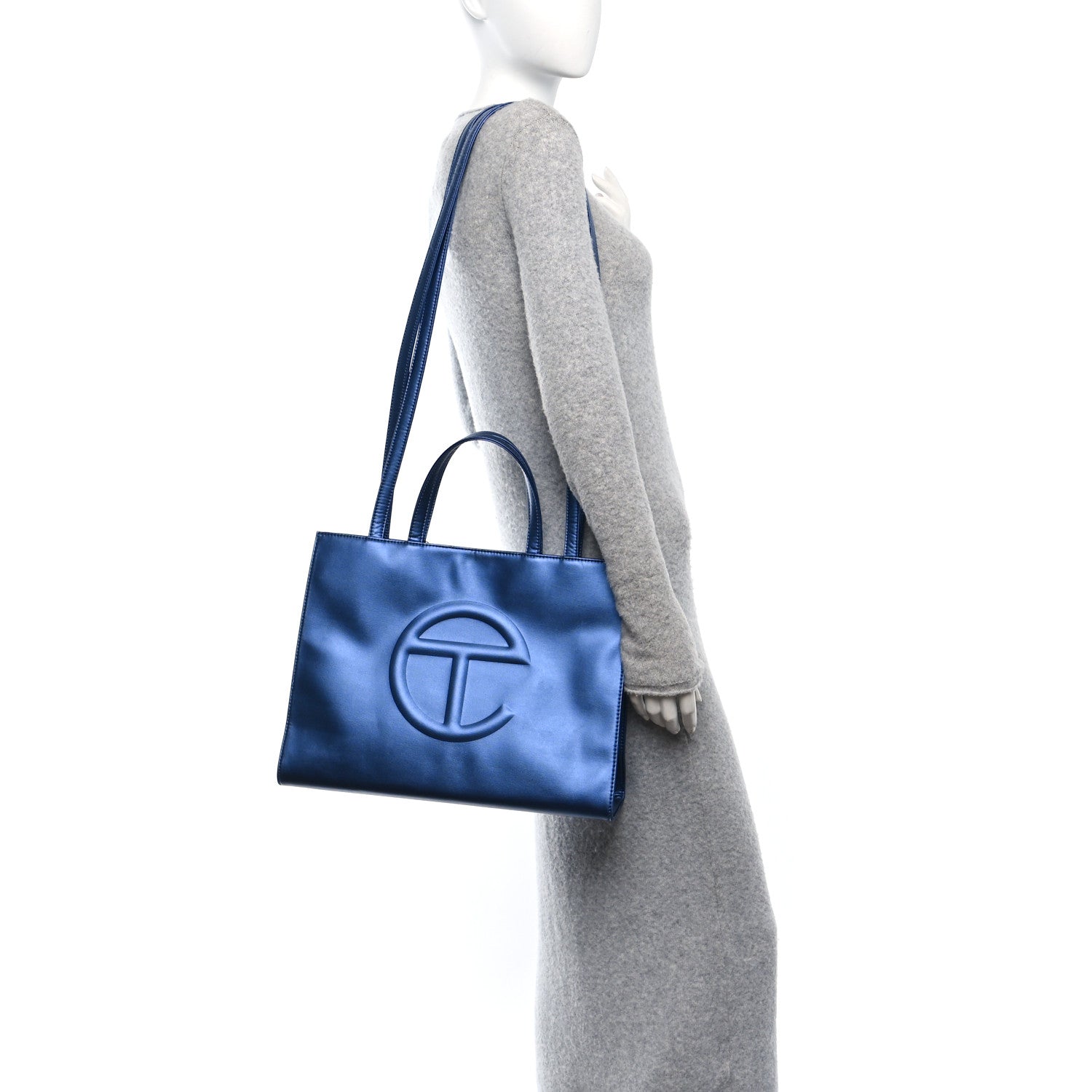 Metallic Vegan Leather Medium Shopping Bag Cobalt