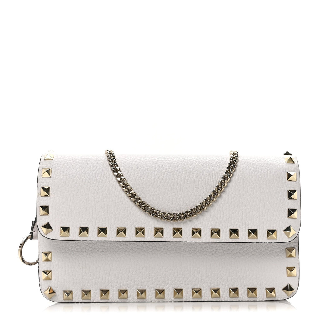 Grainy Calfskin Rockstud Chain Pouch White