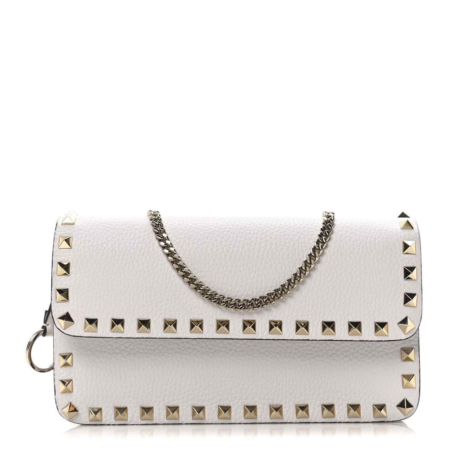 Grainy Calfskin Rockstud Chain Pouch White