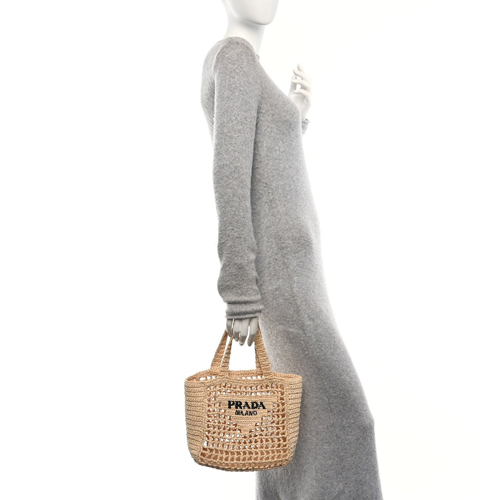 Yarn Raffia Effect Crochet Logo Embroidered Small Tote Bag Naturale