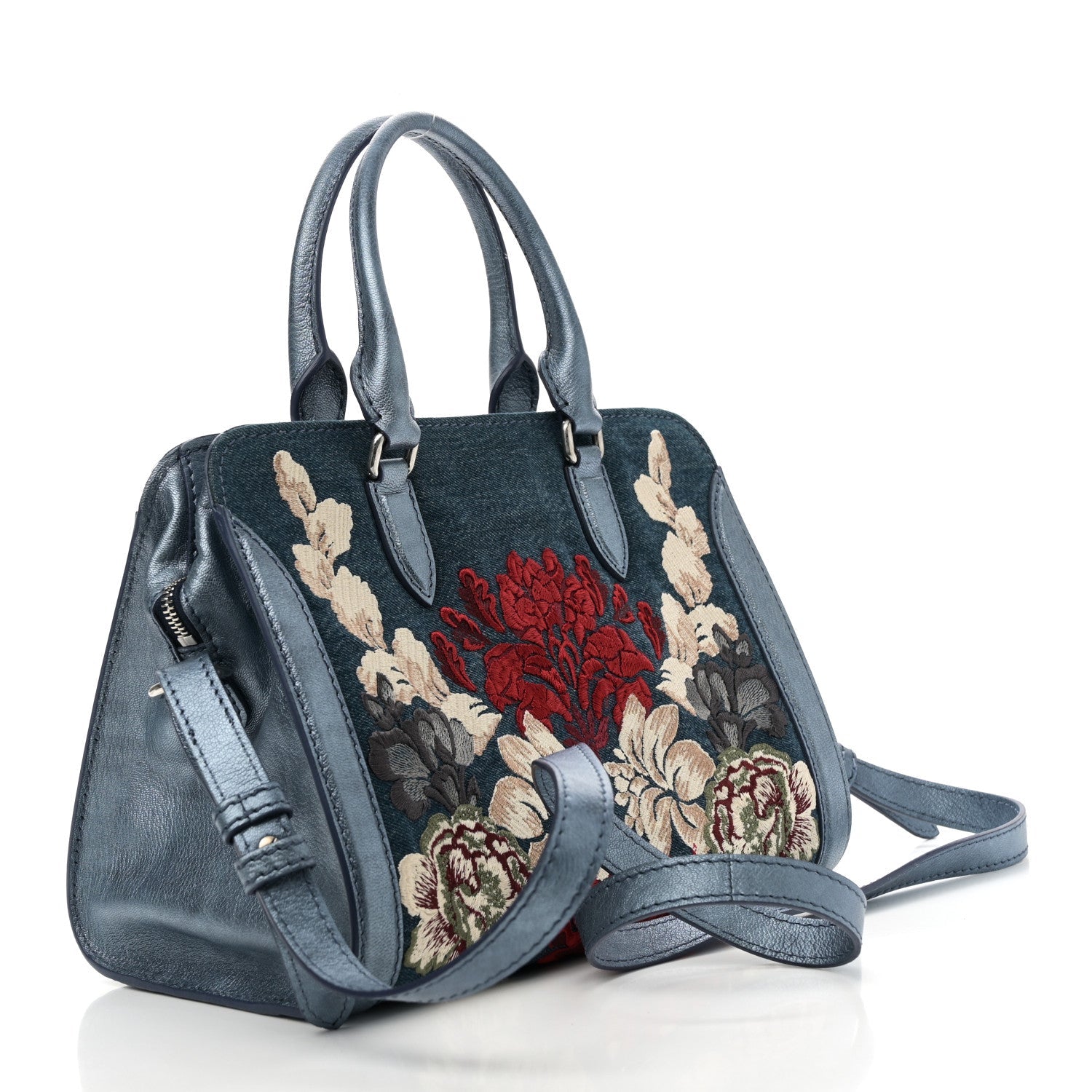 Denim Floral Embroidered Small Skull Padlock Zip Around Tote Blue Multicolor