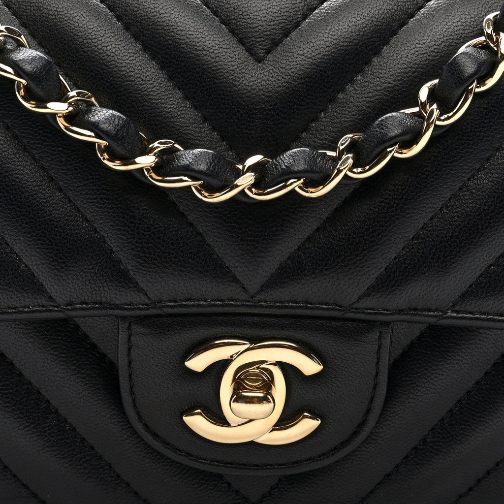 Lambskin Chevron Quilted Mini Rectangular Flap Black