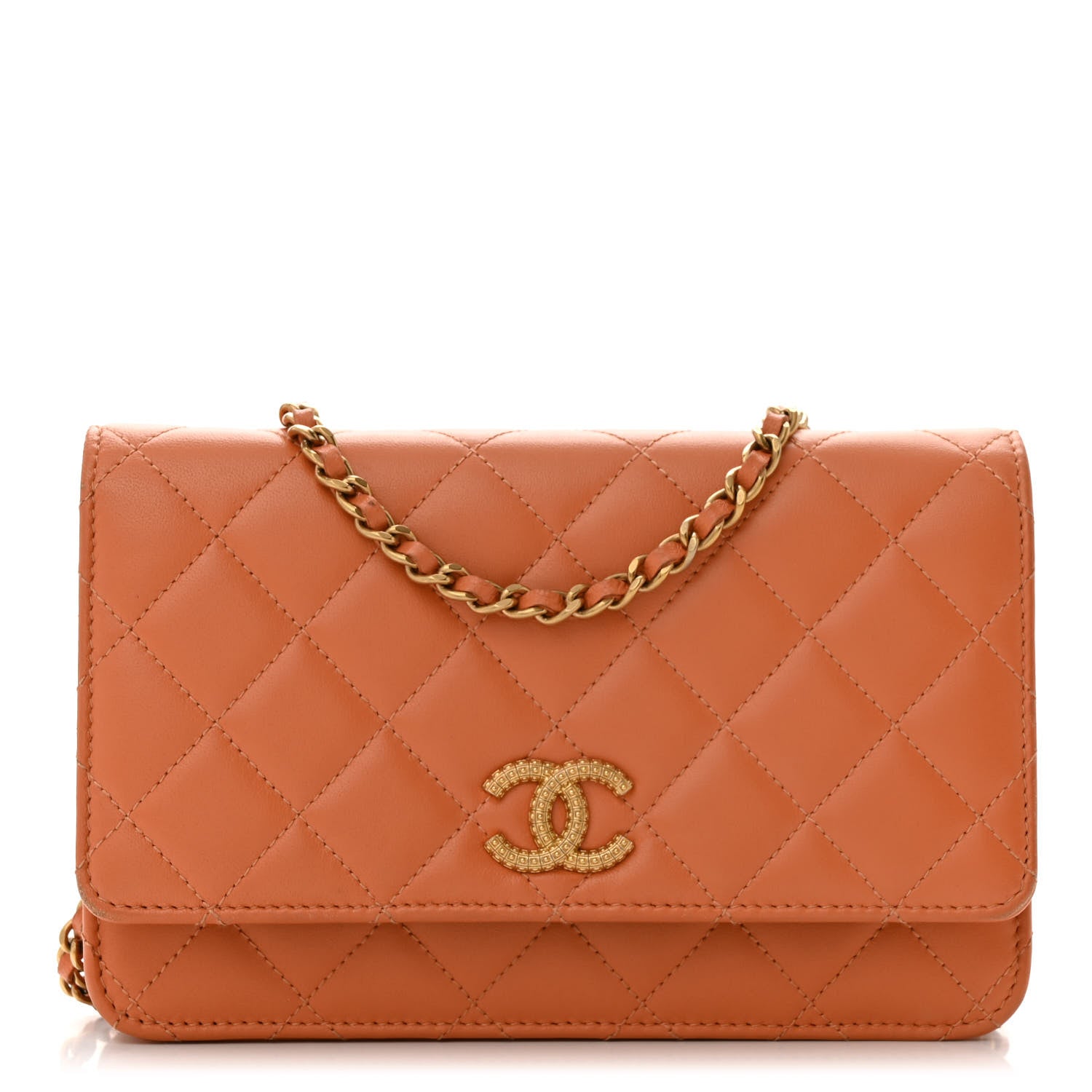 Lambskin Quilted Studded CC Wallet On Chain WOC Orange
