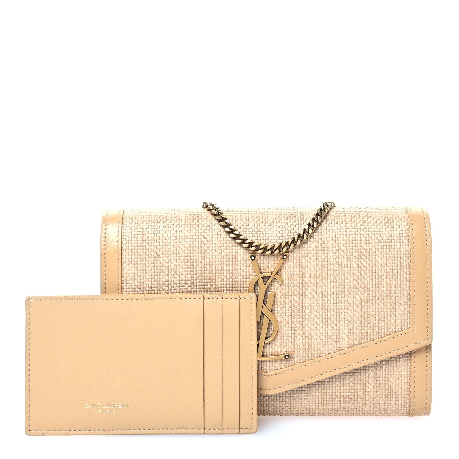 Micro Raffia Monogram Uptown Chain Wallet Natural Hay Blush