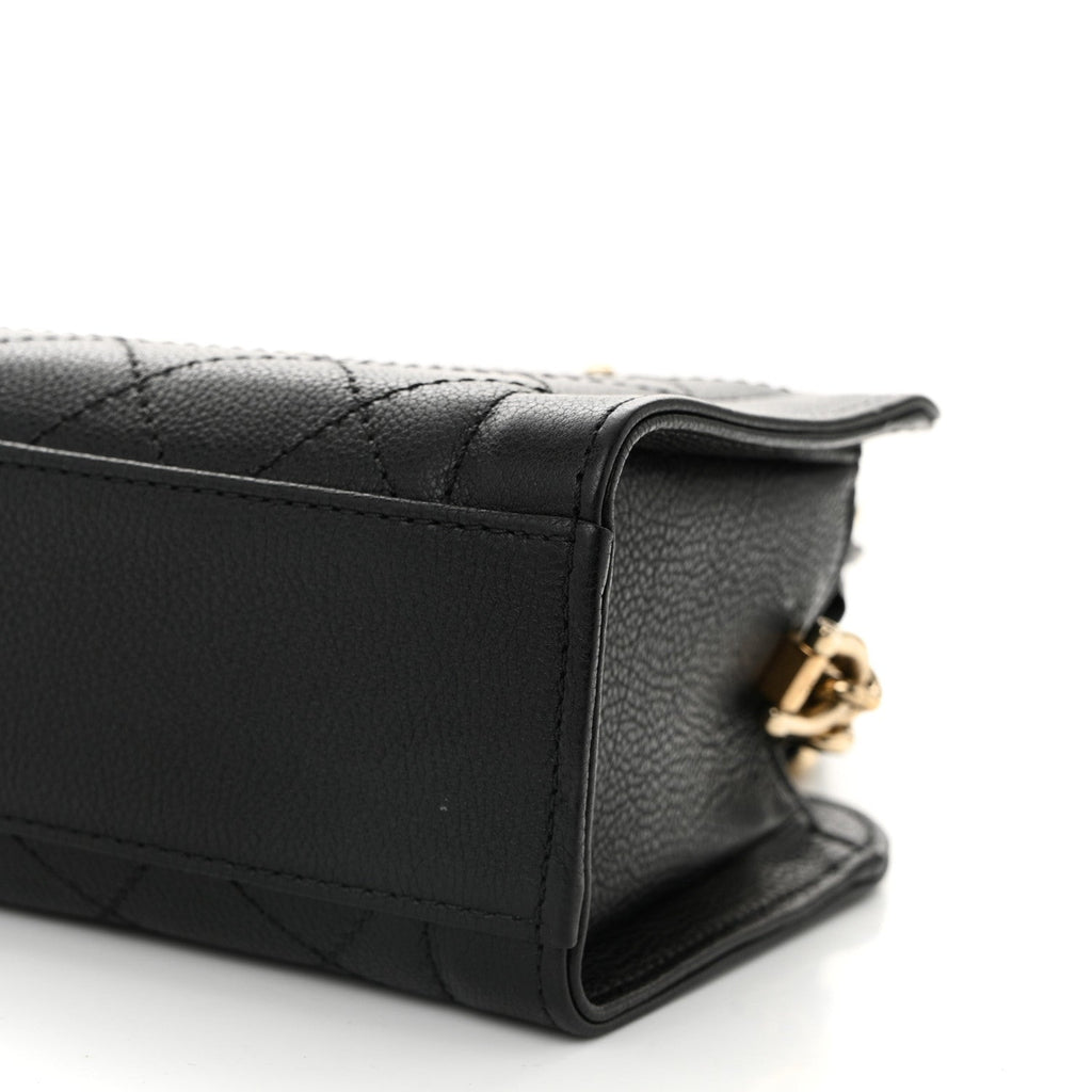 Grained Calfskin Stitched Mini Label  Shopper Tote Black