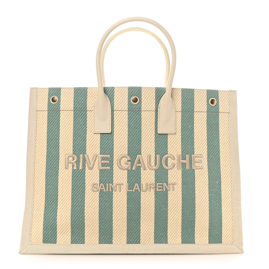 Cotton Linen Calfskin Striped Rive Gauche Tote Water Green