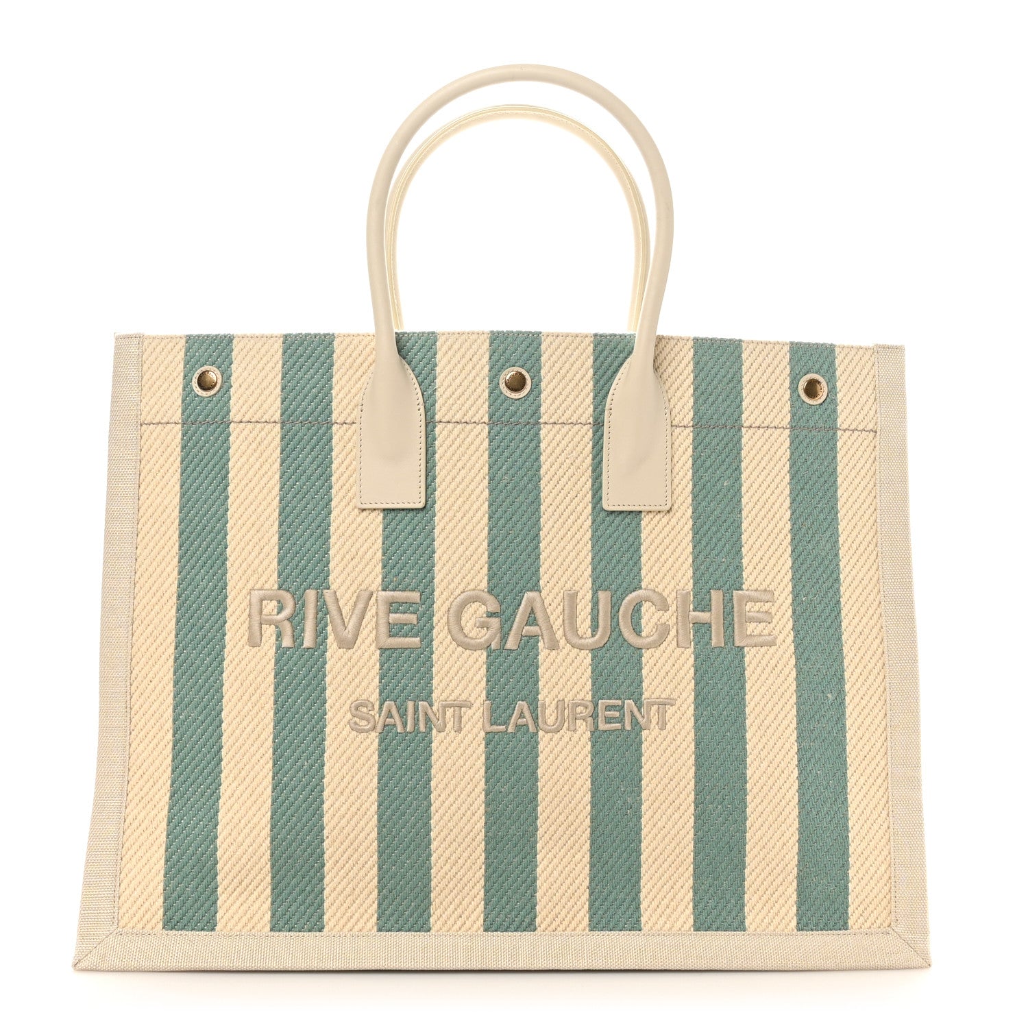 Cotton Linen Calfskin Striped Rive Gauche Tote Water Green