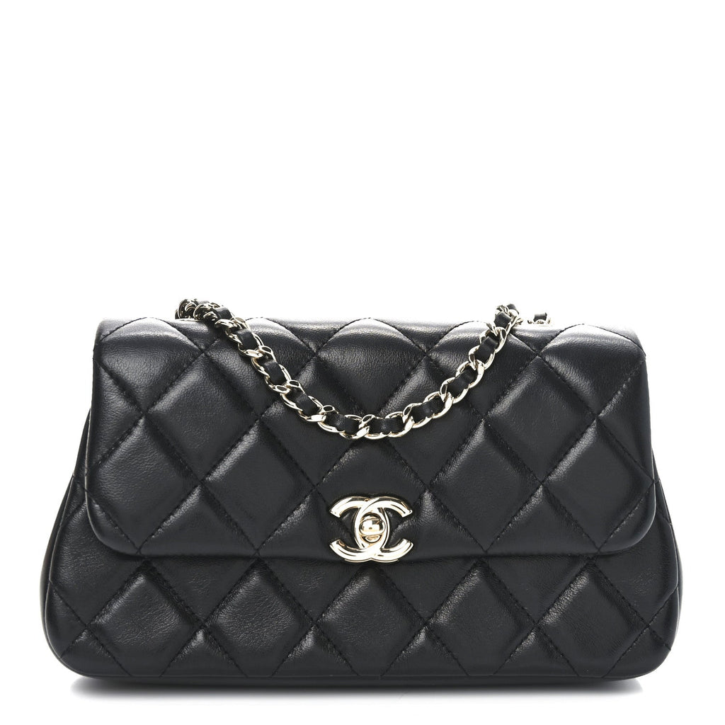 Lambskin Quilted Rectangular Phone Holder Clutch With Chain Black