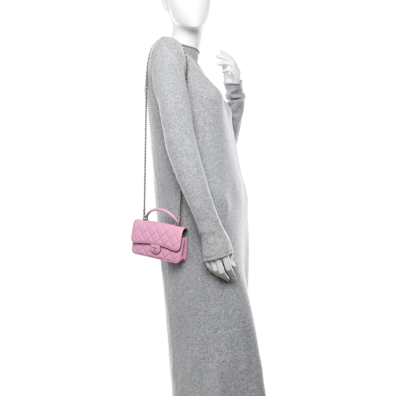 Lambskin Quilted Flap Phone Holder With Chain Lilac Light Green