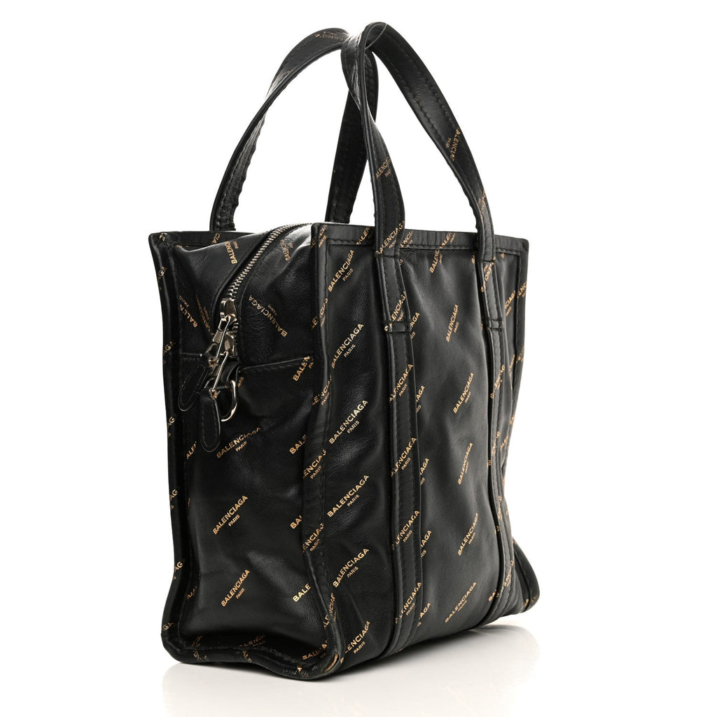 Calfskin Allover Logo XS Bazar Shopper Tote Black Gold