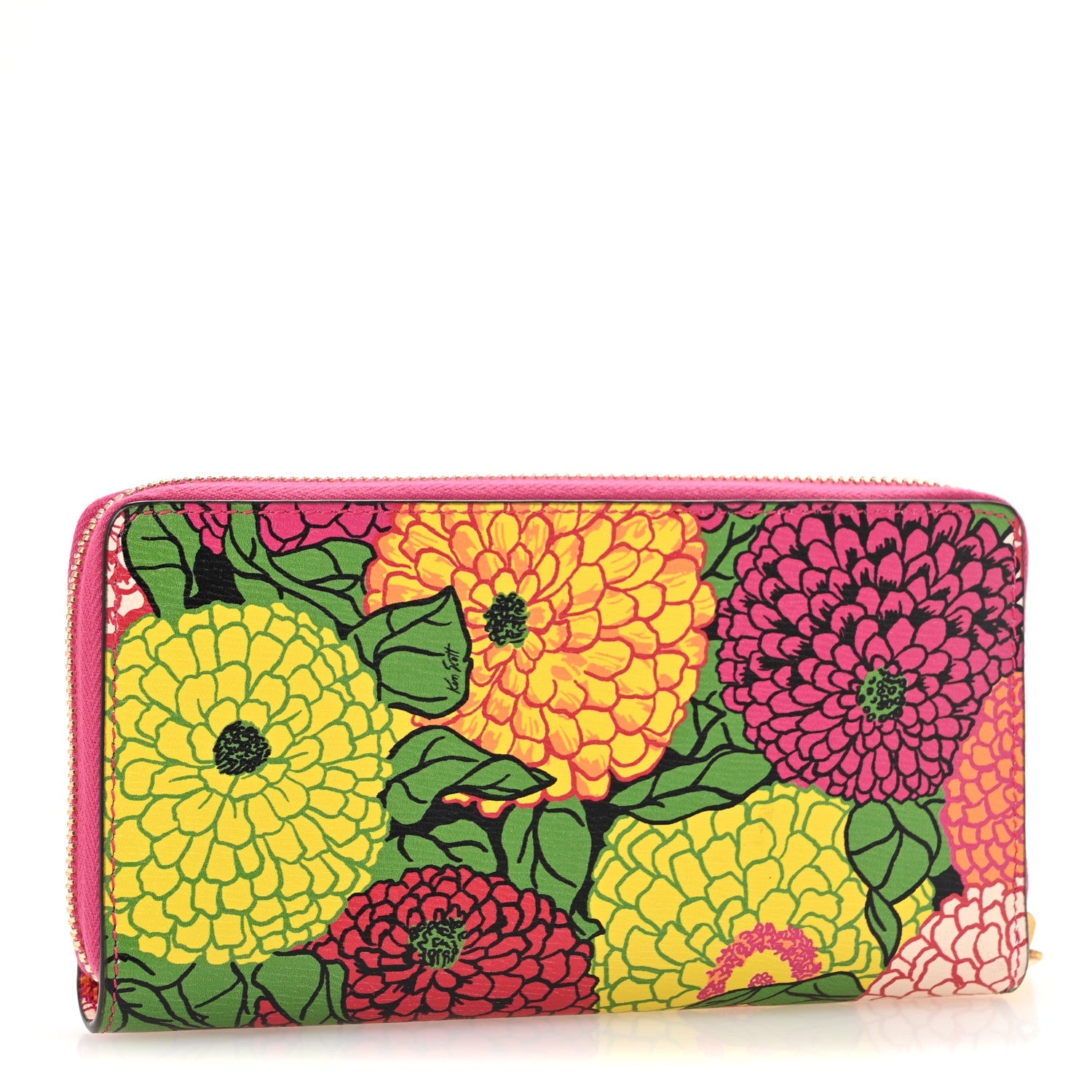 X KEN SCOTT Shangai Calfskin Pomponica Print Horsebit 1955 Zip Around Wallet Multicolor Fuxia Pompon