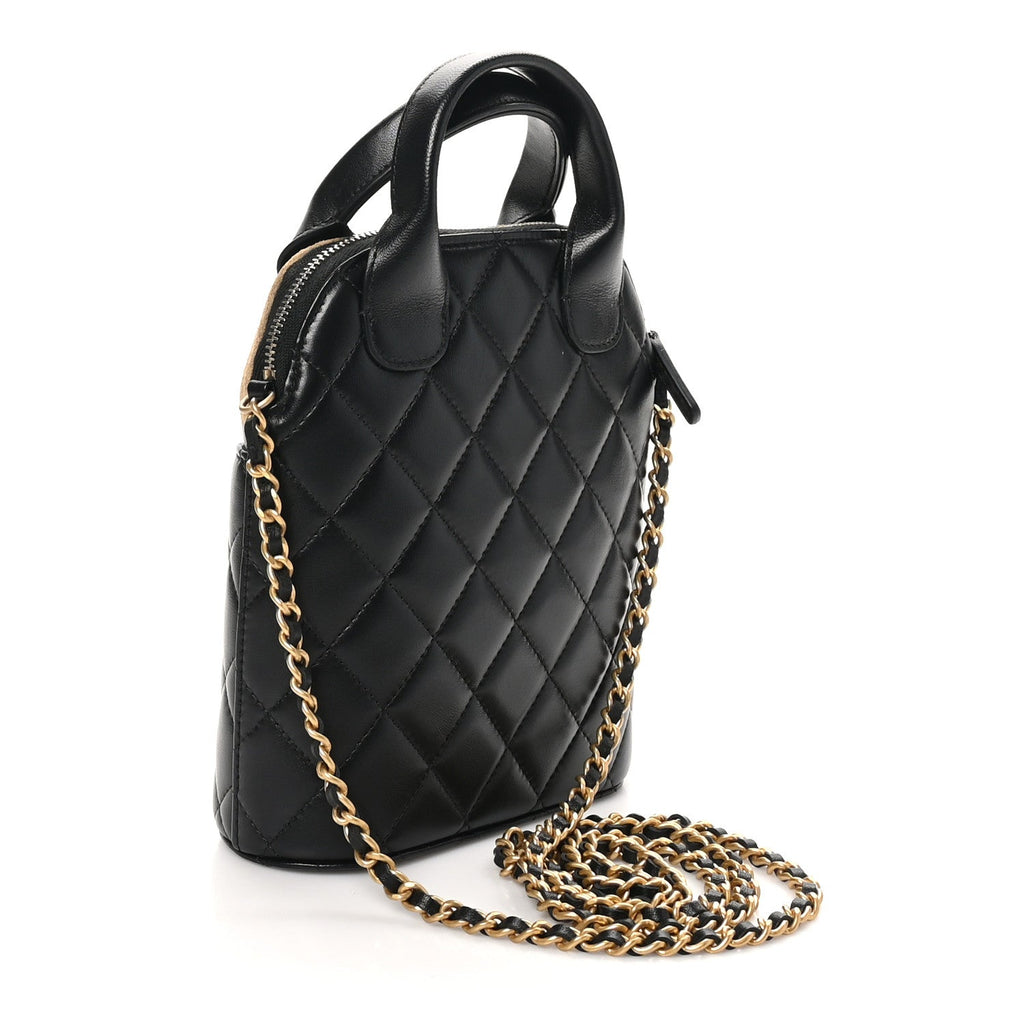 Suede Shiny Lambskin Quilted Top Handle Clutch With Chain Black Beige