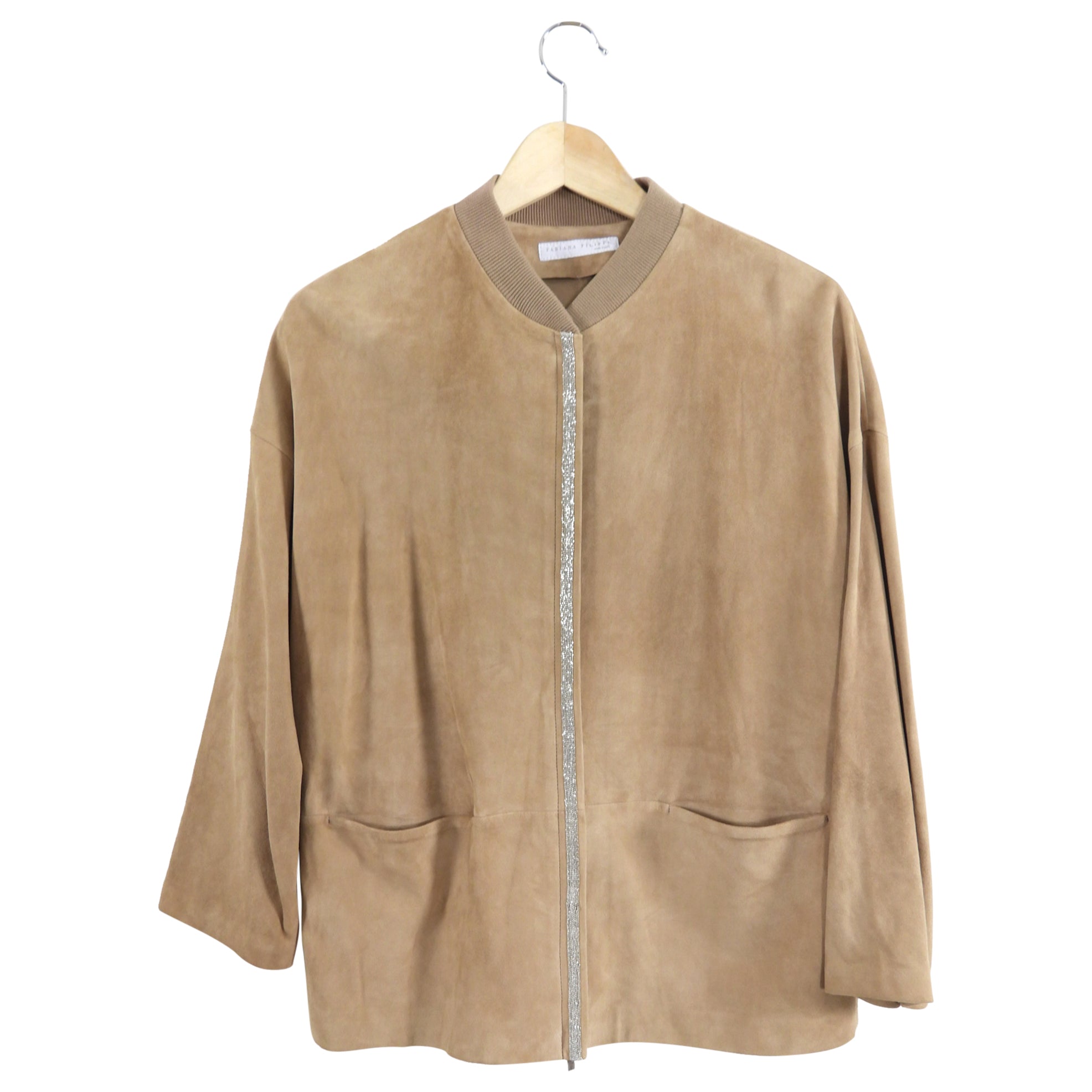 Fabiana Fillipi Beige Light Brown Suede Monili Zip Jacket - XS
