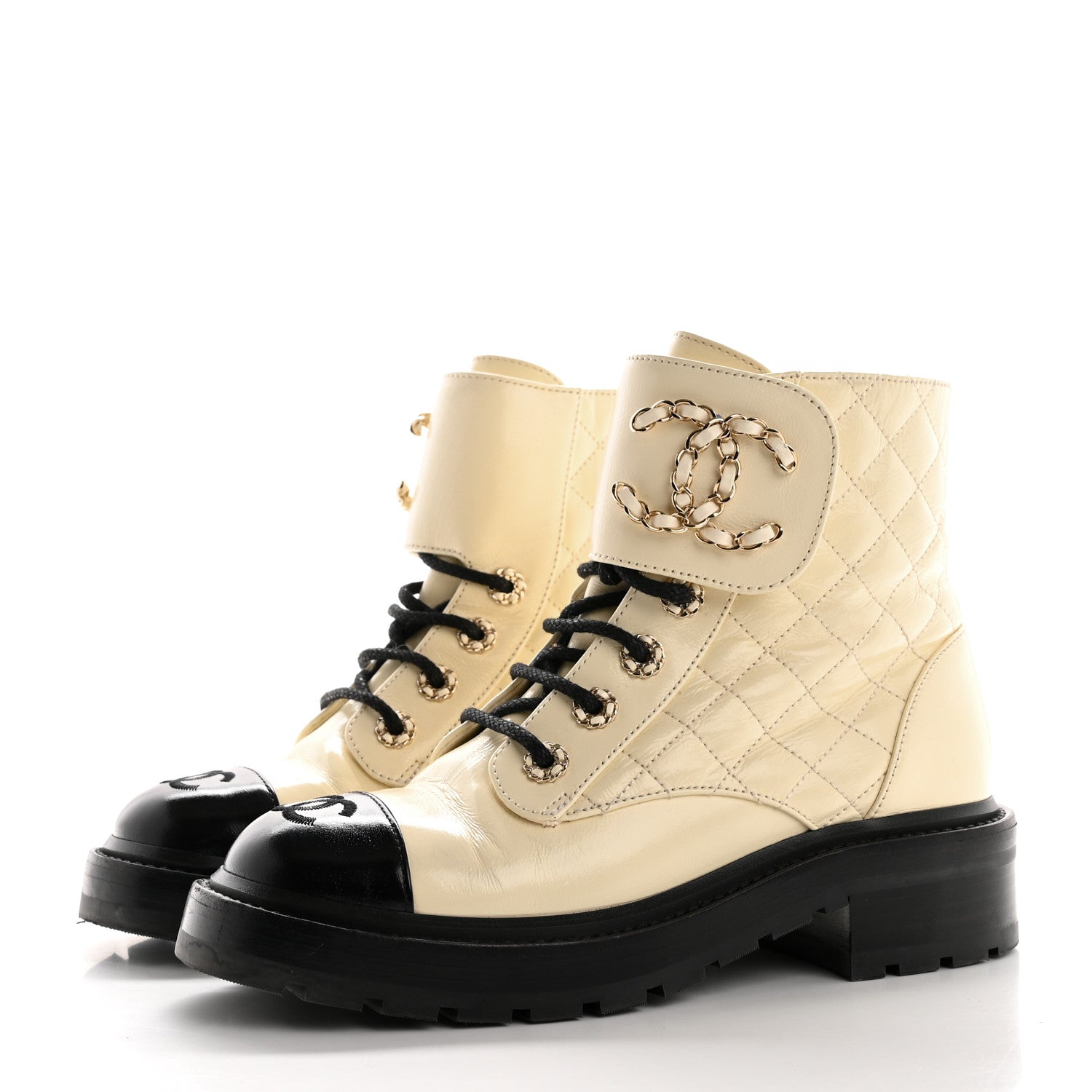 Shiny Lambskin Quilted Lace Up Combat Boots 36.5 White Black