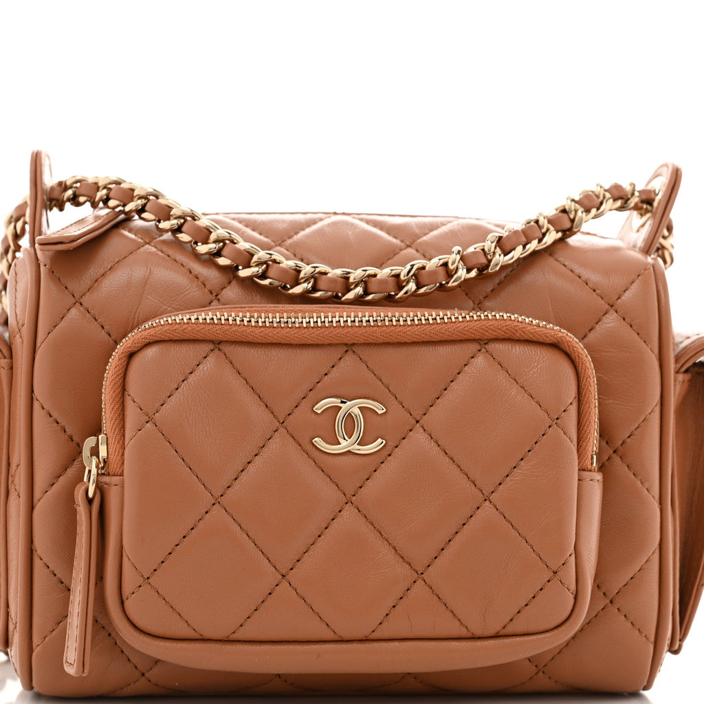 Shiny Crumpled Lambskin Quilted Small Preppy Pocket Camera Case Brown