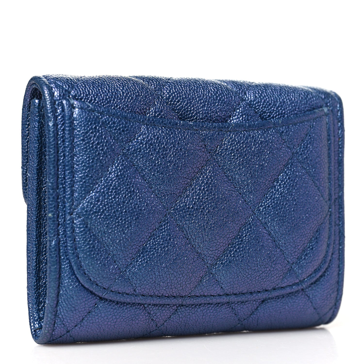 Iridescent Caviar Flap Quilted  Holder Wallet Dark Blue