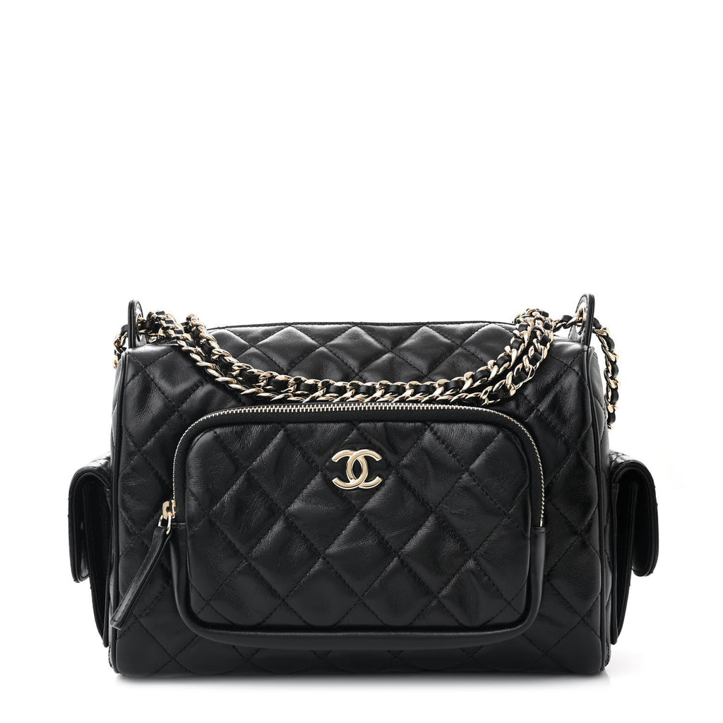 Shiny Crumpled Lambskin Quilted Medium Preppy Pocket Camera Case Black
