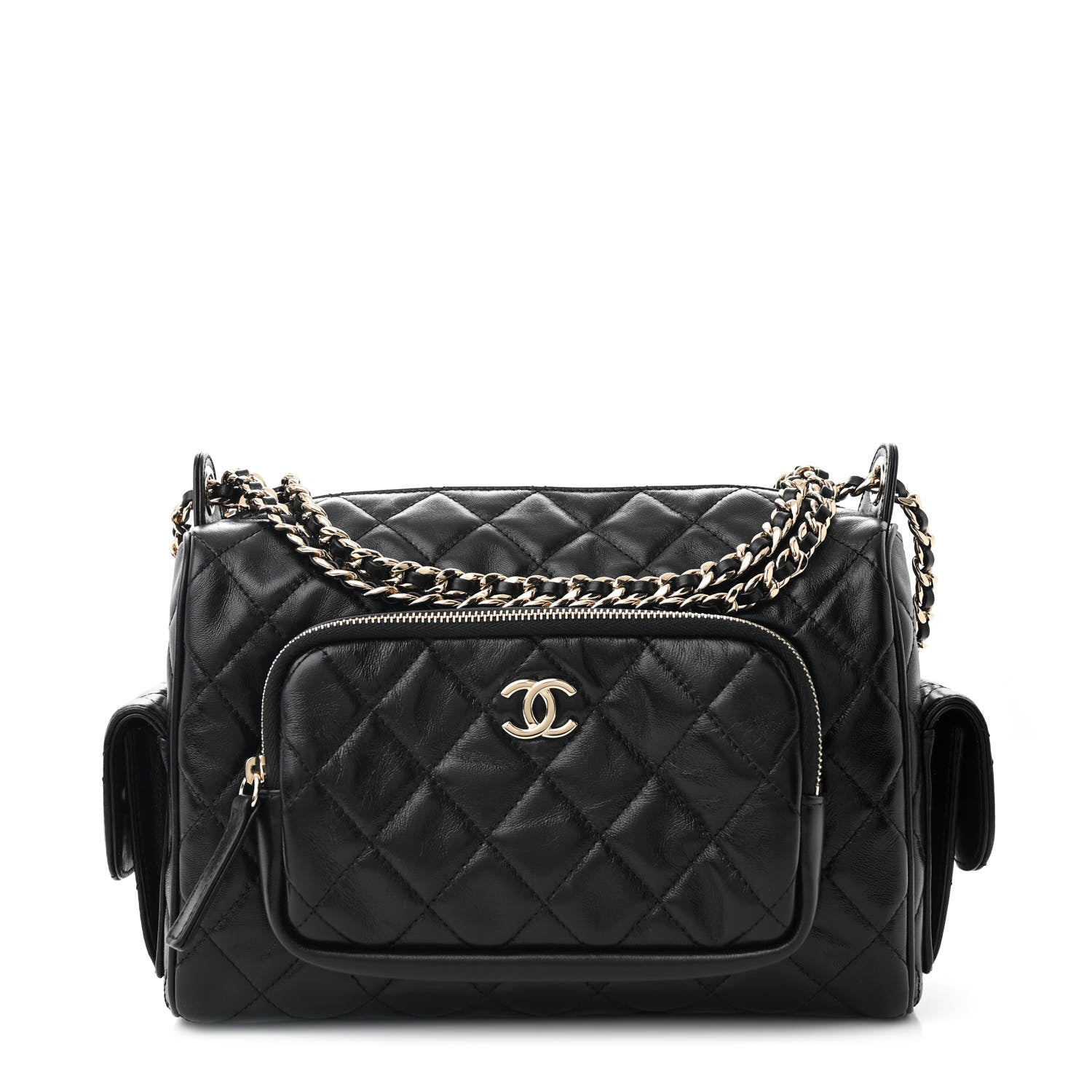 Shiny Crumpled Lambskin Quilted Medium Preppy Pocket Camera Case Black