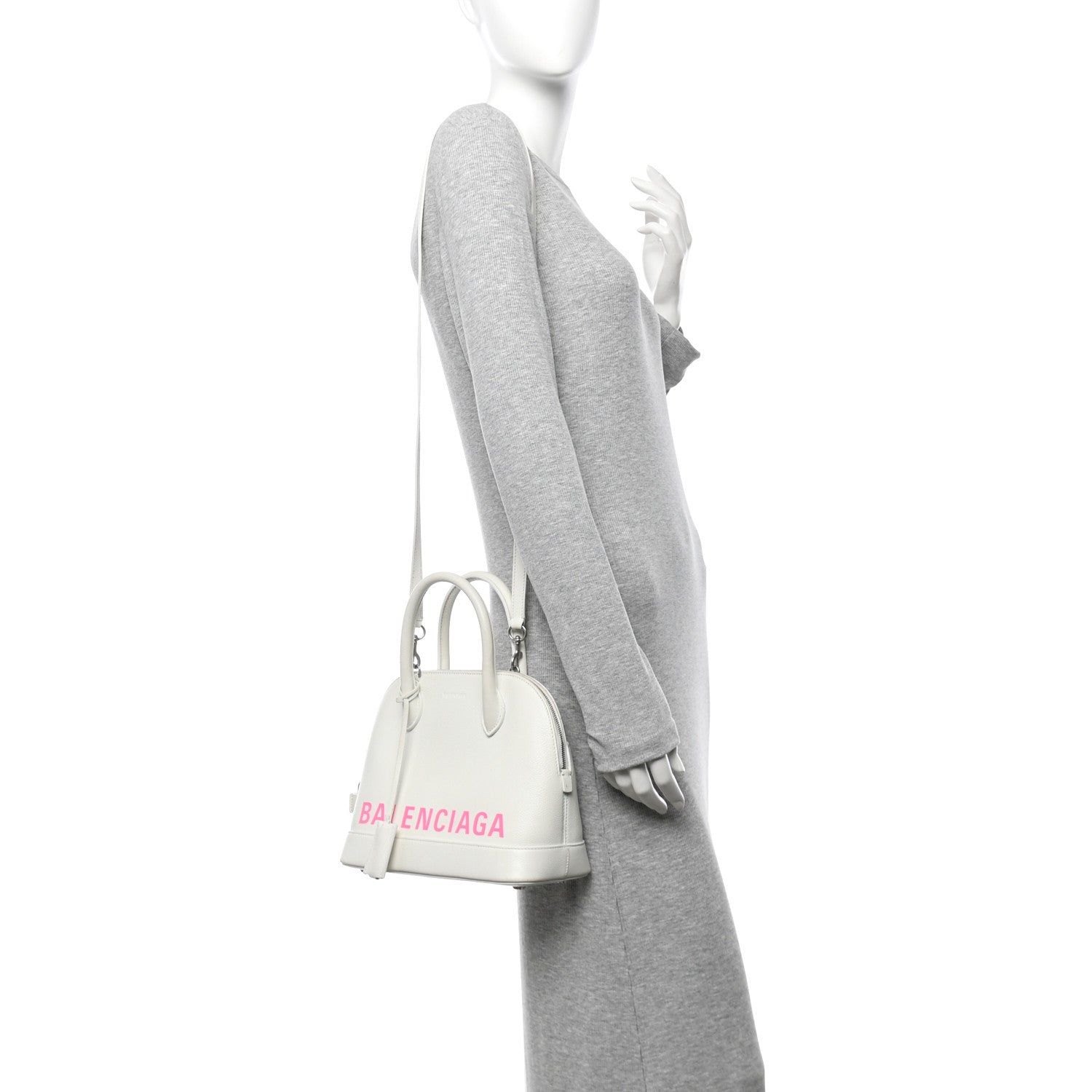 Signature Grained Calfskin Logo S Ville Top Handle Bag White Pink