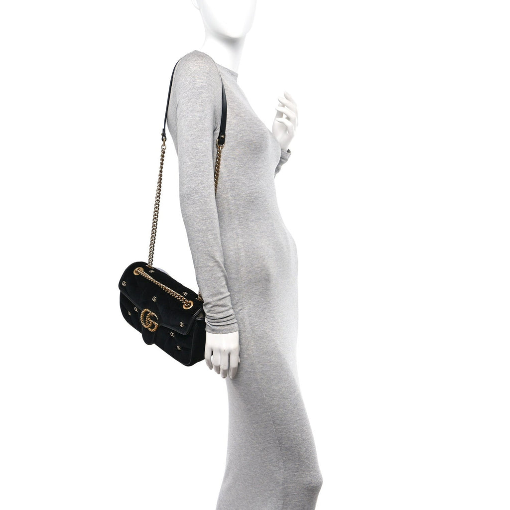 Velvet Matelasse Double G Studs Small Torchon GG Marmont Shoulder Bag Black