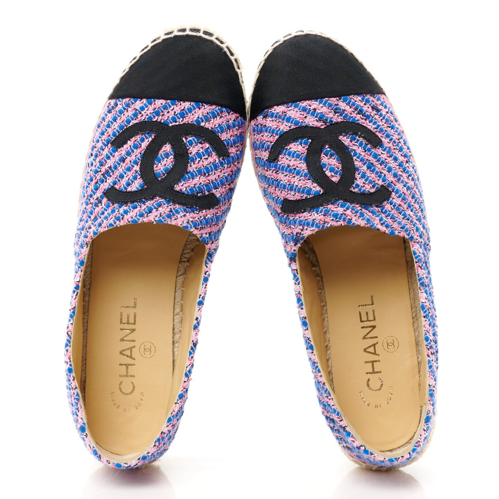 Tweed Grosgrain CC Espadrilles 38 Blue Pink Black White